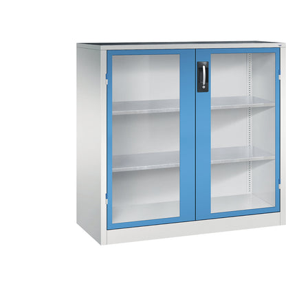 Vision panel double door cupboard, HxWxD 1200 x 1200 x 500 mm, 2 shelves, light grey / light blue.