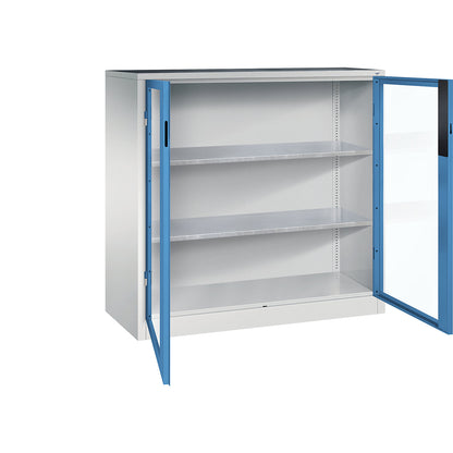 Vision panel double door cupboard, HxWxD 1200 x 1200 x 500 mm, 2 shelves, light grey / light blue.