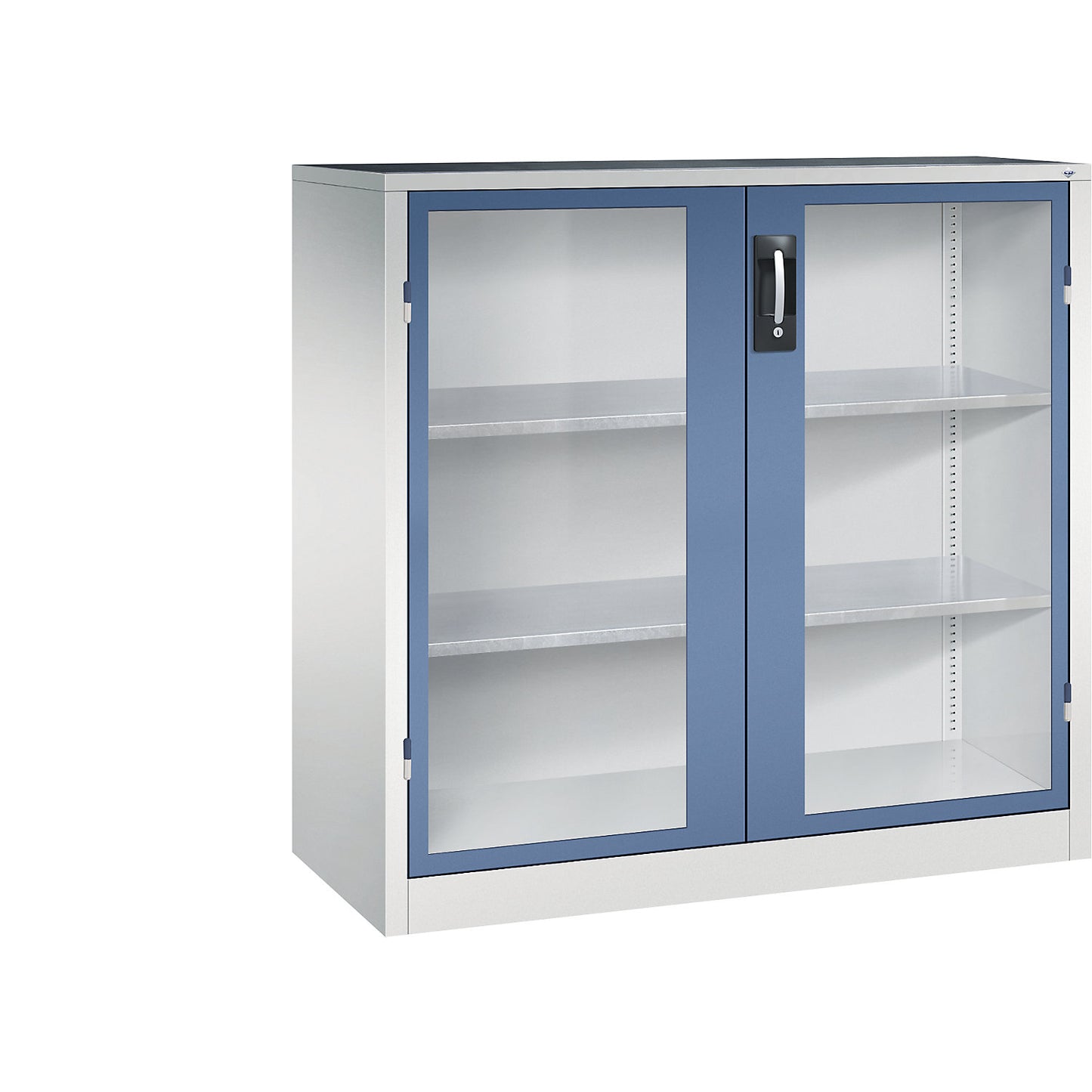 Vision panel double door cupboard, HxWxD 1200 x 1200 x 500 mm, 2 shelves, light grey / distant blue.