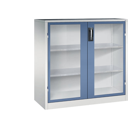 Vision panel double door cupboard, HxWxD 1200 x 1200 x 500 mm, 2 shelves, light grey / distant blue.