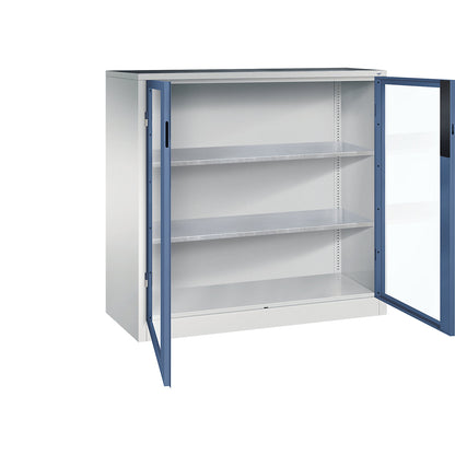 Vision panel double door cupboard, HxWxD 1200 x 1200 x 500 mm, 2 shelves, light grey / distant blue.