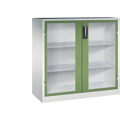 Vision panel double door cupboard, HxWxD 1200 x 1200 x 500 mm, 2 shelves, light grey / reseda green.