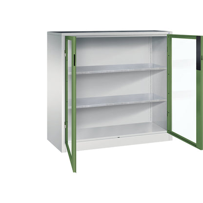 Vision panel double door cupboard, HxWxD 1200 x 1200 x 500 mm, 2 shelves, light grey / reseda green.