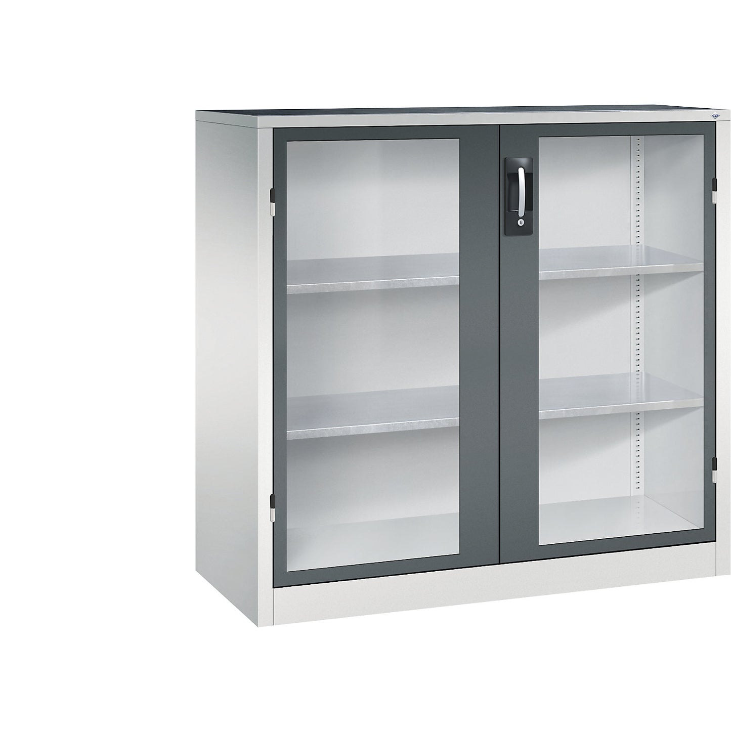 Vision panel double door cupboard, HxWxD 1200 x 1200 x 500 mm, 2 shelves, light grey / charcoal.