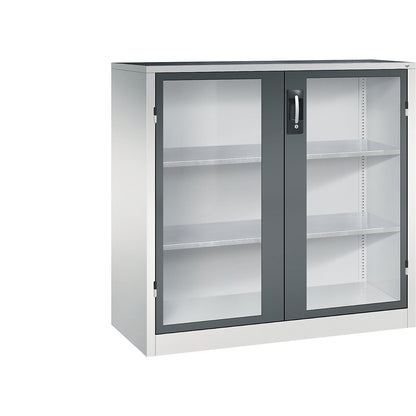 Vision panel double door cupboard, HxWxD 1200 x 1200 x 500 mm, 2 shelves, light grey / charcoal.