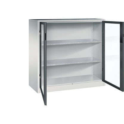 Vision panel double door cupboard, HxWxD 1200 x 1200 x 500 mm, 2 shelves, light grey / charcoal.
