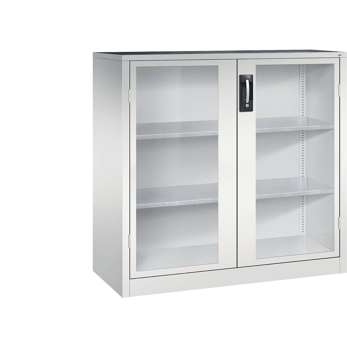 Vision panel double door cupboard, HxWxD 1200 x 1200 x 500 mm, 2 shelves, light grey / light grey.