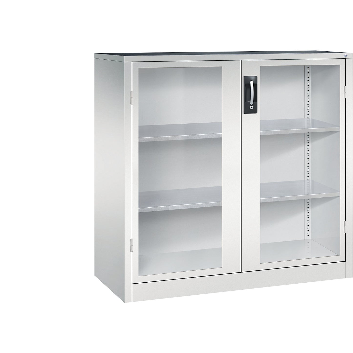 Vision panel double door cupboard, HxWxD 1200 x 1200 x 500 mm, 2 shelves, light grey / light grey.