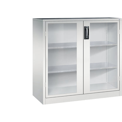 Vision panel double door cupboard, HxWxD 1200 x 1200 x 500 mm, 2 shelves, light grey / light grey.