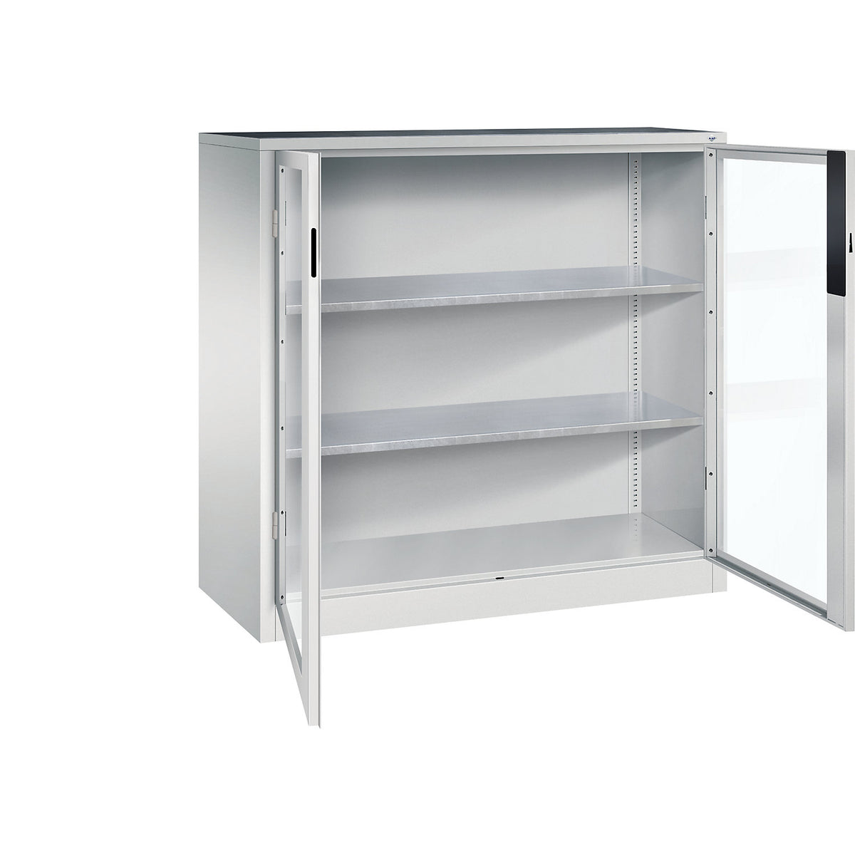 Vision panel double door cupboard, HxWxD 1200 x 1200 x 500 mm, 2 shelves, light grey / light grey.