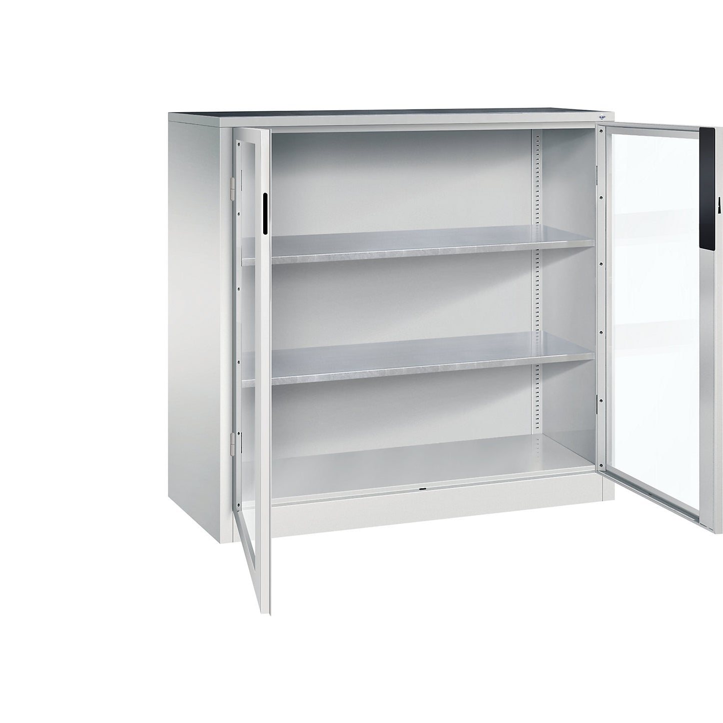Vision panel double door cupboard, HxWxD 1200 x 1200 x 500 mm, 2 shelves, light grey / light grey.