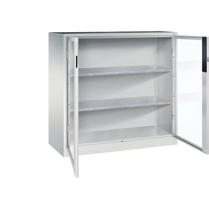 Vision panel double door cupboard, HxWxD 1200 x 1200 x 500 mm, 2 shelves, light grey / light grey.