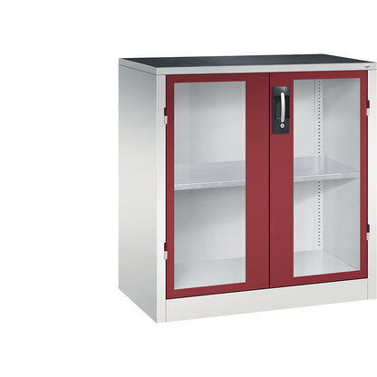 Vision panel double door cupboard, HxWxD 1000 x 930 x 500 mm, 1 shelf, light grey / ruby red.