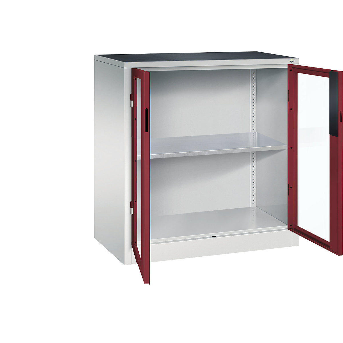 Vision panel double door cupboard, HxWxD 1000 x 930 x 500 mm, 1 shelf, light grey / ruby red.