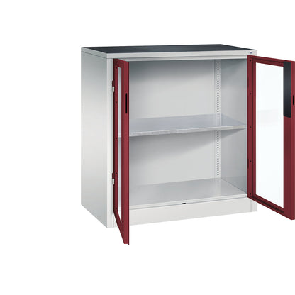 Vision panel double door cupboard, HxWxD 1000 x 930 x 500 mm, 1 shelf, light grey / ruby red.