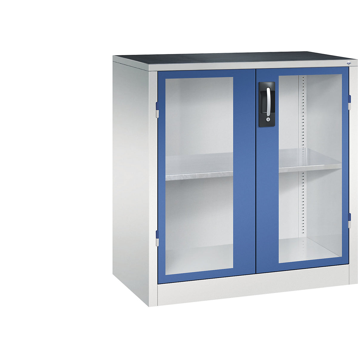 Vision panel double door cupboard, HxWxD 1000 x 930 x 500 mm, 1 shelf, light grey / gentian blue.