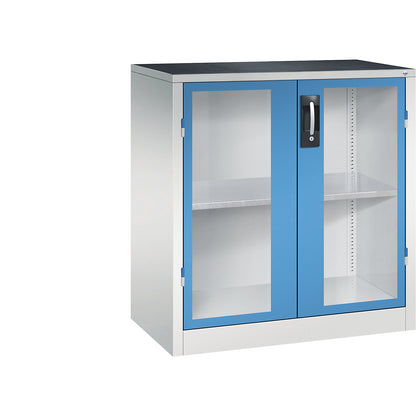 Vision panel double door cupboard, HxWxD 1000 x 930 x 500 mm, 1 shelf, light grey / light blue.
