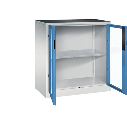 Vision panel double door cupboard, HxWxD 1000 x 930 x 500 mm, 1 shelf, light grey / light blue.