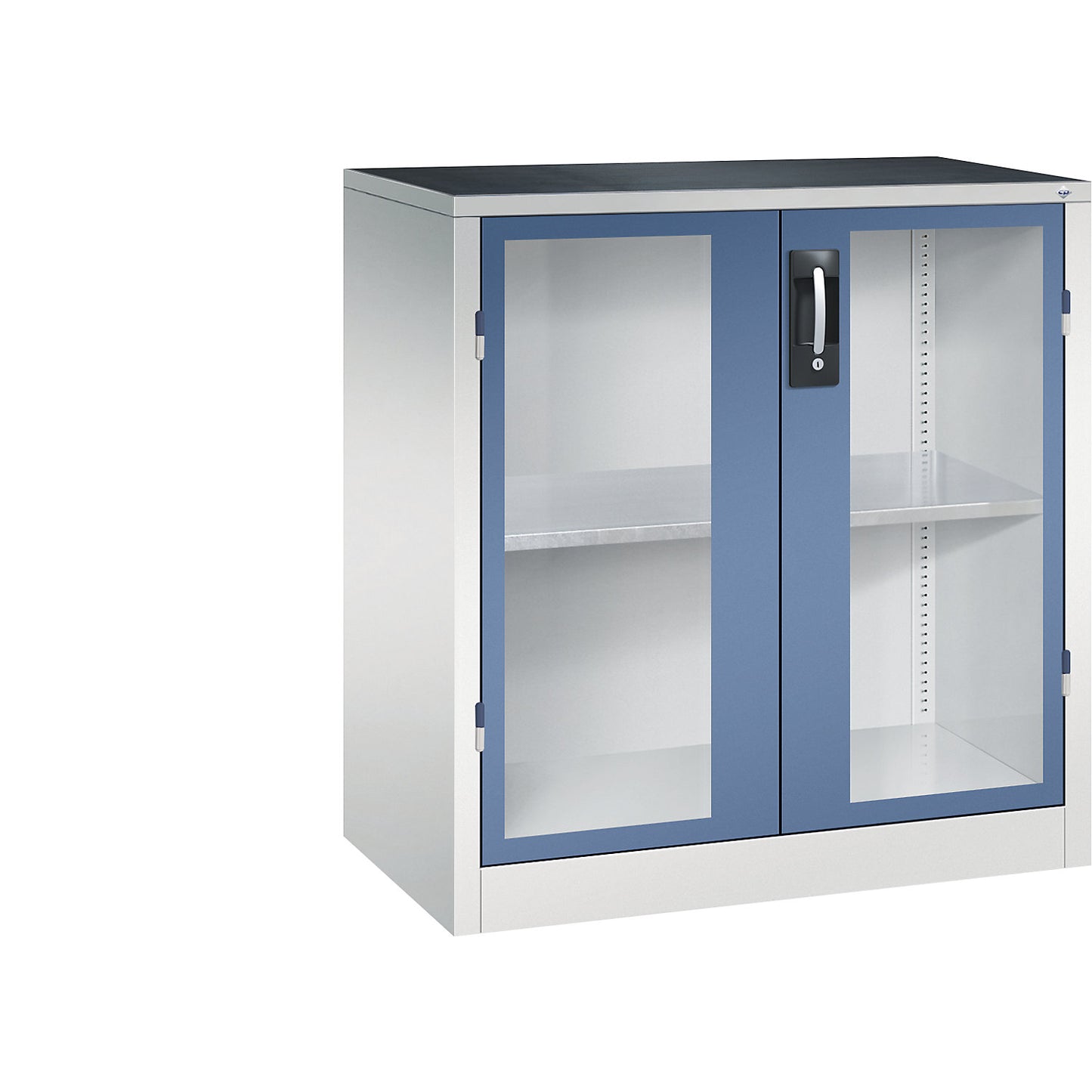 Vision panel double door cupboard, HxWxD 1000 x 930 x 500 mm, 1 shelf, light grey / distant blue.