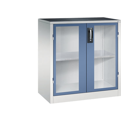 Vision panel double door cupboard, HxWxD 1000 x 930 x 500 mm, 1 shelf, light grey / distant blue.