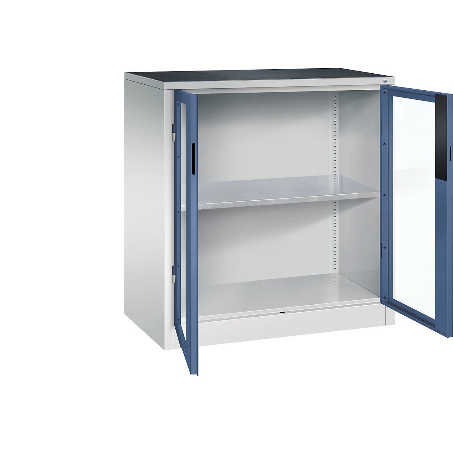 Vision panel double door cupboard, HxWxD 1000 x 930 x 500 mm, 1 shelf, light grey / distant blue.