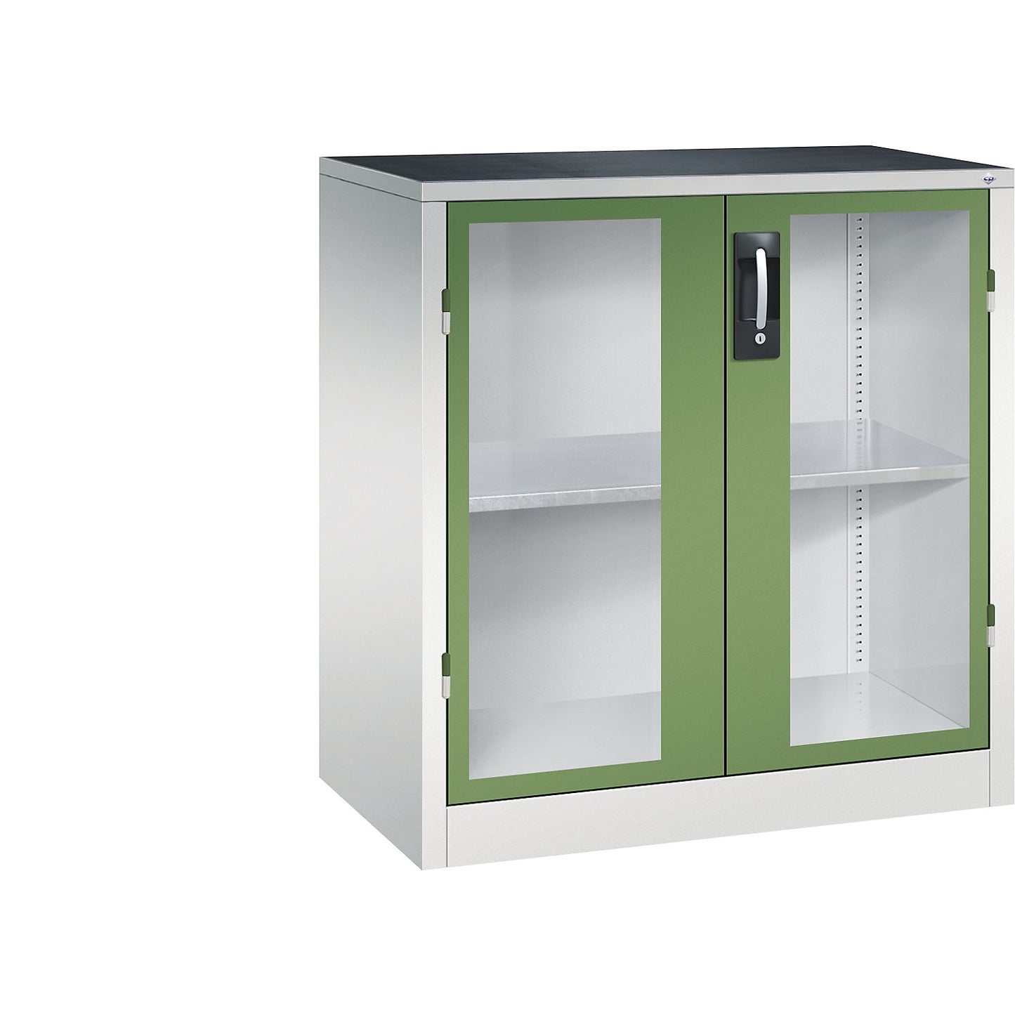 Vision panel double door cupboard, HxWxD 1000 x 930 x 500 mm, 1 shelf, light grey / reseda green.