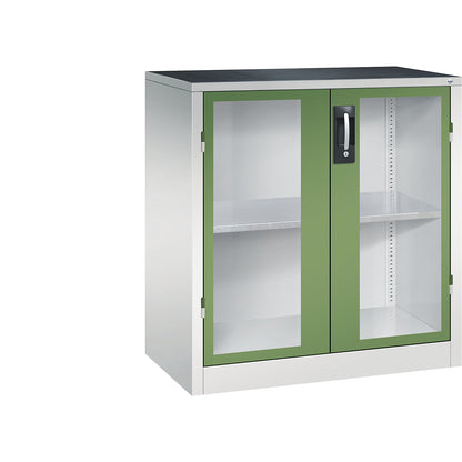 Vision panel double door cupboard, HxWxD 1000 x 930 x 500 mm, 1 shelf, light grey / reseda green.