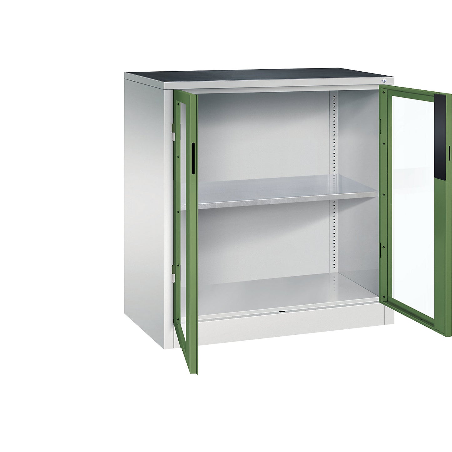 Vision panel double door cupboard, HxWxD 1000 x 930 x 500 mm, 1 shelf, light grey / reseda green.