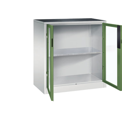 Vision panel double door cupboard, HxWxD 1000 x 930 x 500 mm, 1 shelf, light grey / reseda green.