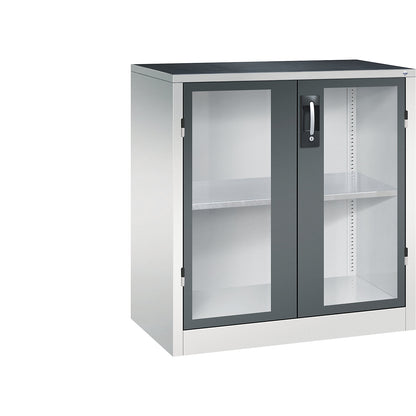 Vision panel double door cupboard, HxWxD 1000 x 930 x 500 mm, 1 shelf, light grey / charcoal.