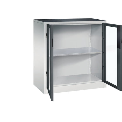 Vision panel double door cupboard, HxWxD 1000 x 930 x 500 mm, 1 shelf, light grey / charcoal.