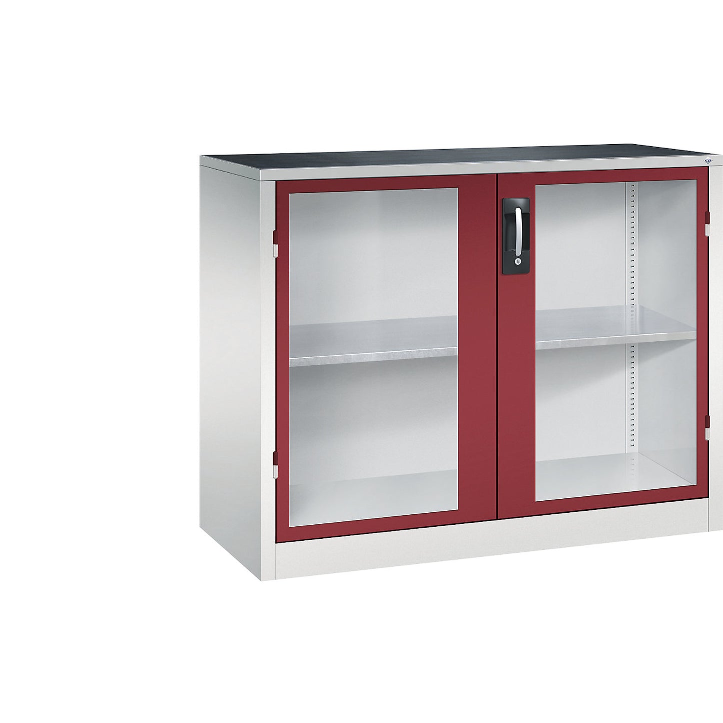 Vision panel double door cupboard, HxWxD 1000 x 1200 x 500 mm, 1 shelf, light grey / ruby red.