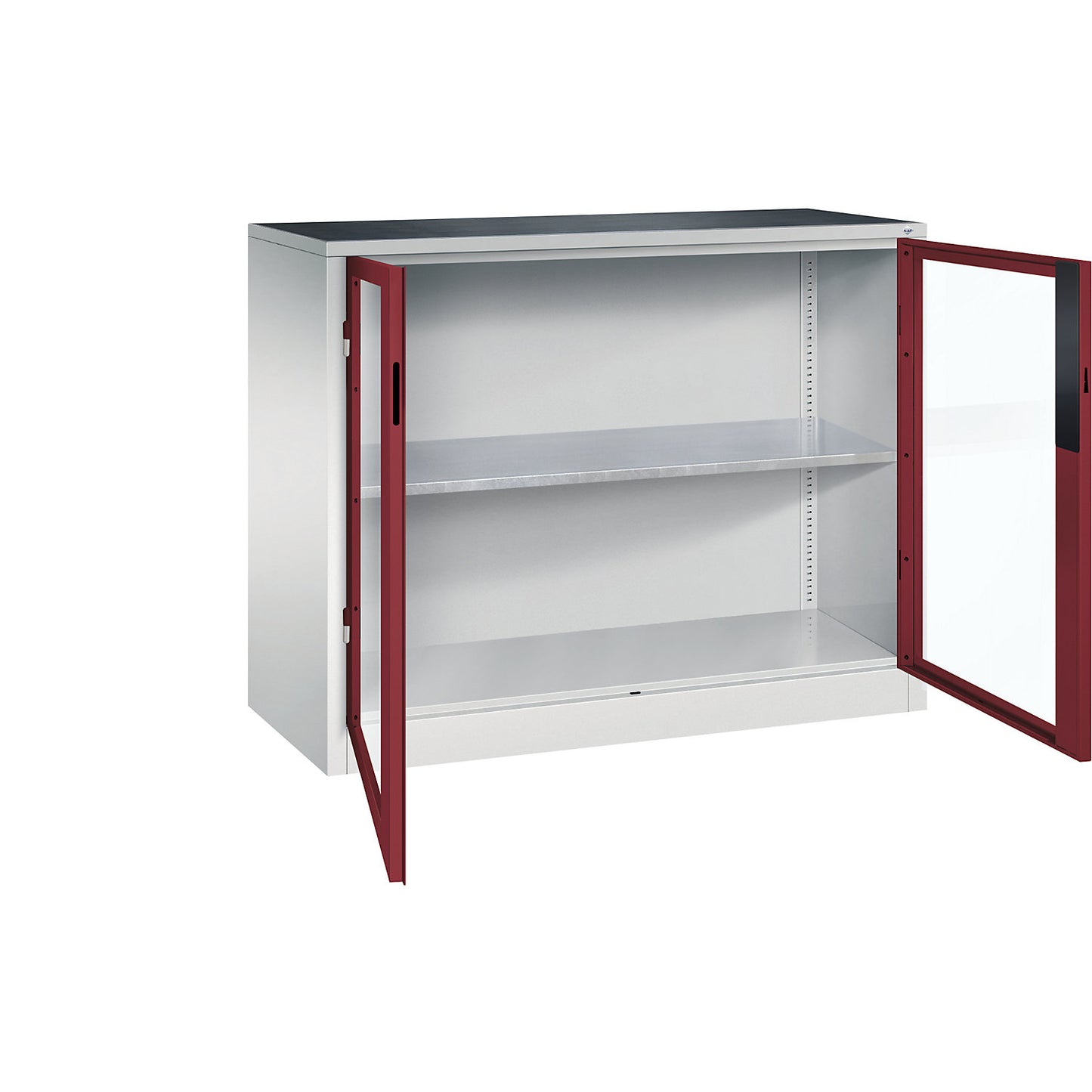 Vision panel double door cupboard, HxWxD 1000 x 1200 x 500 mm, 1 shelf, light grey / ruby red.