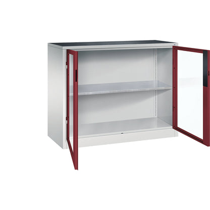 Vision panel double door cupboard, HxWxD 1000 x 1200 x 500 mm, 1 shelf, light grey / ruby red.