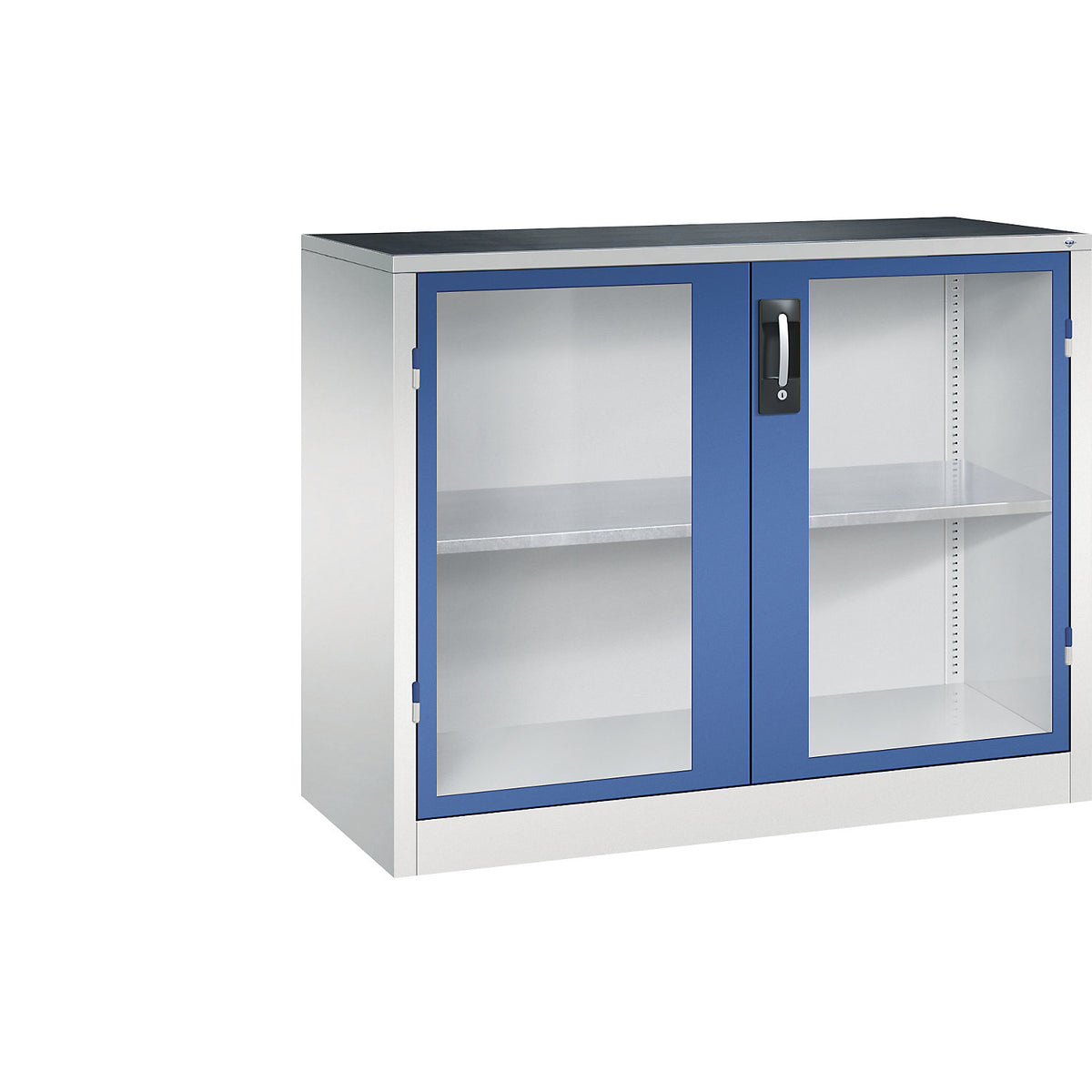 Vision panel double door cupboard, HxWxD 1000 x 1200 x 500 mm, 1 shelf, light grey / gentian blue.