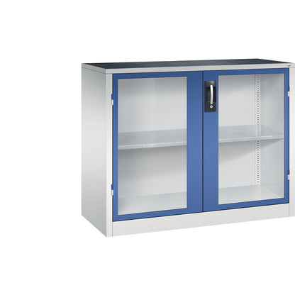 Vision panel double door cupboard, HxWxD 1000 x 1200 x 500 mm, 1 shelf, light grey / gentian blue.