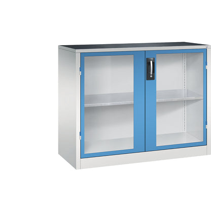 Vision panel double door cupboard, HxWxD 1000 x 1200 x 500 mm, 1 shelf, light grey / light blue.