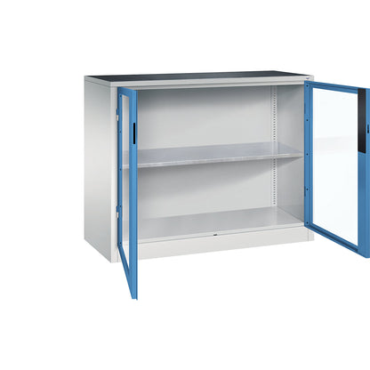 Vision panel double door cupboard, HxWxD 1000 x 1200 x 500 mm, 1 shelf, light grey / light blue.