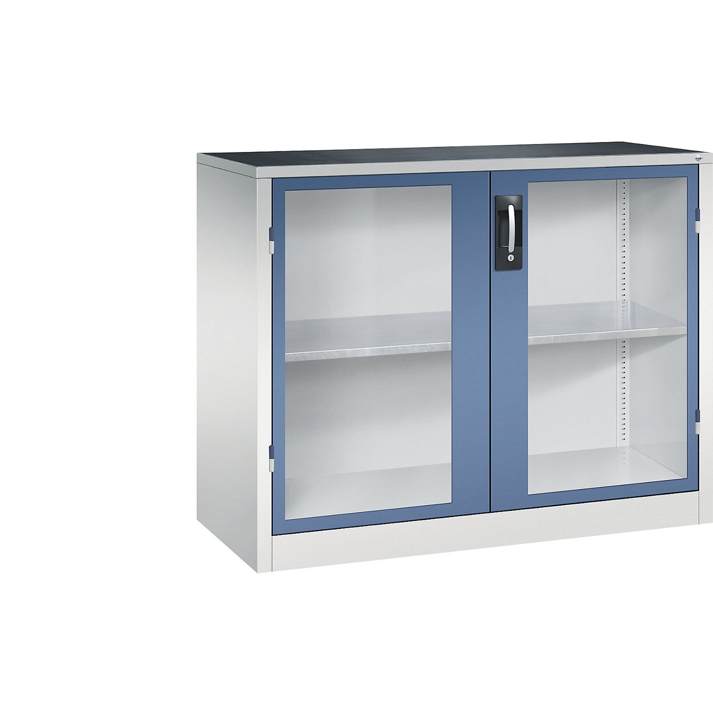 Vision panel double door cupboard, HxWxD 1000 x 1200 x 500 mm, 1 shelf, light grey / distant blue.