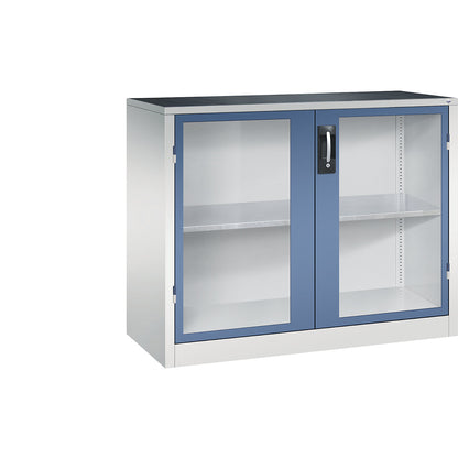 Vision panel double door cupboard, HxWxD 1000 x 1200 x 500 mm, 1 shelf, light grey / distant blue.