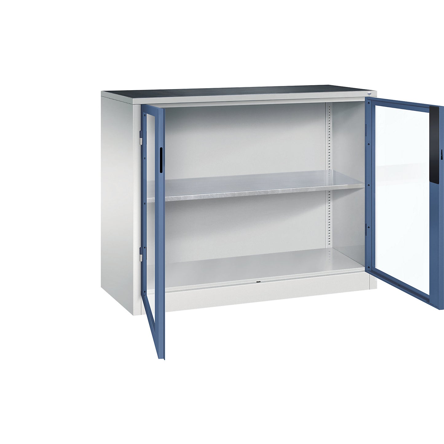 Vision panel double door cupboard, HxWxD 1000 x 1200 x 500 mm, 1 shelf, light grey / distant blue.