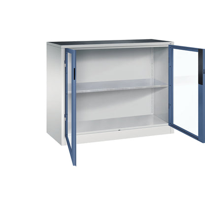 Vision panel double door cupboard, HxWxD 1000 x 1200 x 500 mm, 1 shelf, light grey / distant blue.