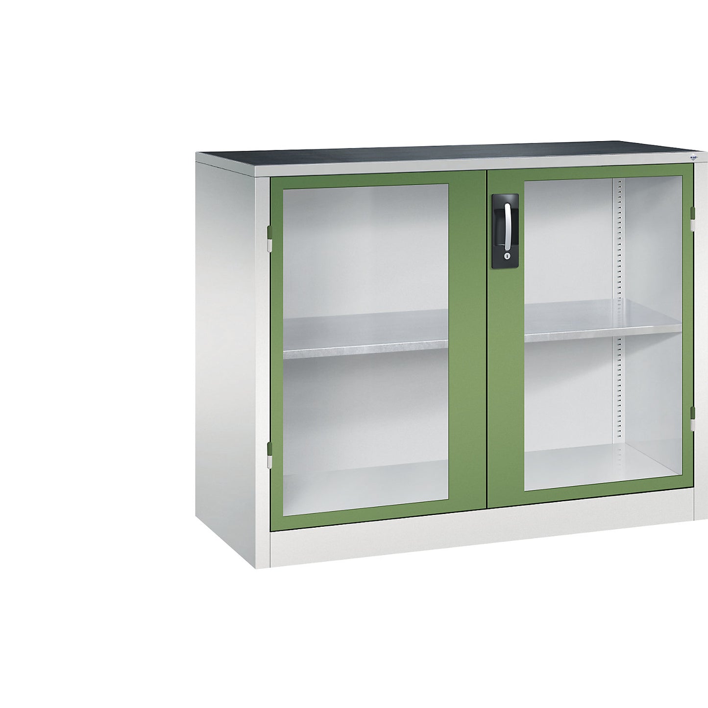 Vision panel double door cupboard, HxWxD 1000 x 1200 x 500 mm, 1 shelf, light grey / reseda green.