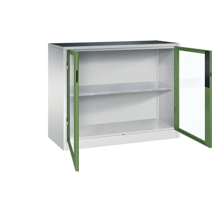 Vision panel double door cupboard, HxWxD 1000 x 1200 x 500 mm, 1 shelf, light grey / reseda green.