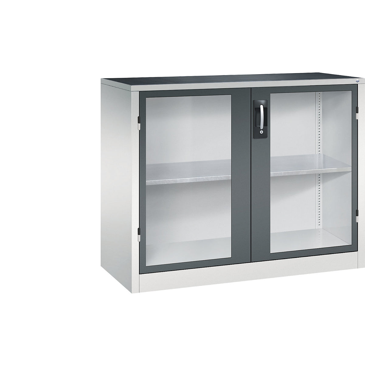 Vision panel double door cupboard, HxWxD 1000 x 1200 x 500 mm, 1 shelf, light grey / charcoal.