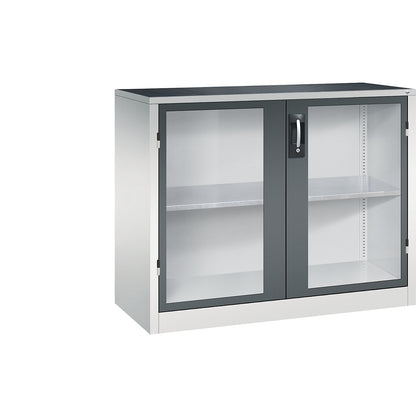 Vision panel double door cupboard, HxWxD 1000 x 1200 x 500 mm, 1 shelf, light grey / charcoal.
