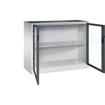 Vision panel double door cupboard, HxWxD 1000 x 1200 x 500 mm, 1 shelf, light grey / charcoal.