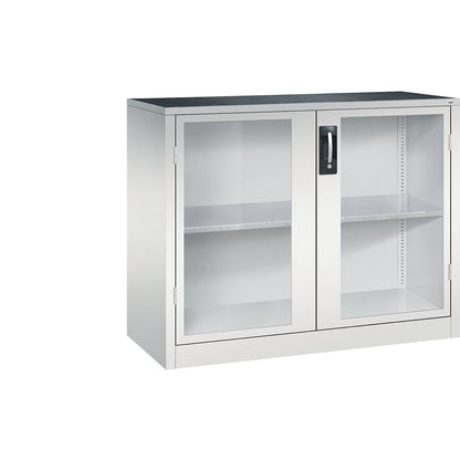 Vision panel double door cupboard, HxWxD 1000 x 1200 x 500 mm, 1 shelf, light grey / light grey.