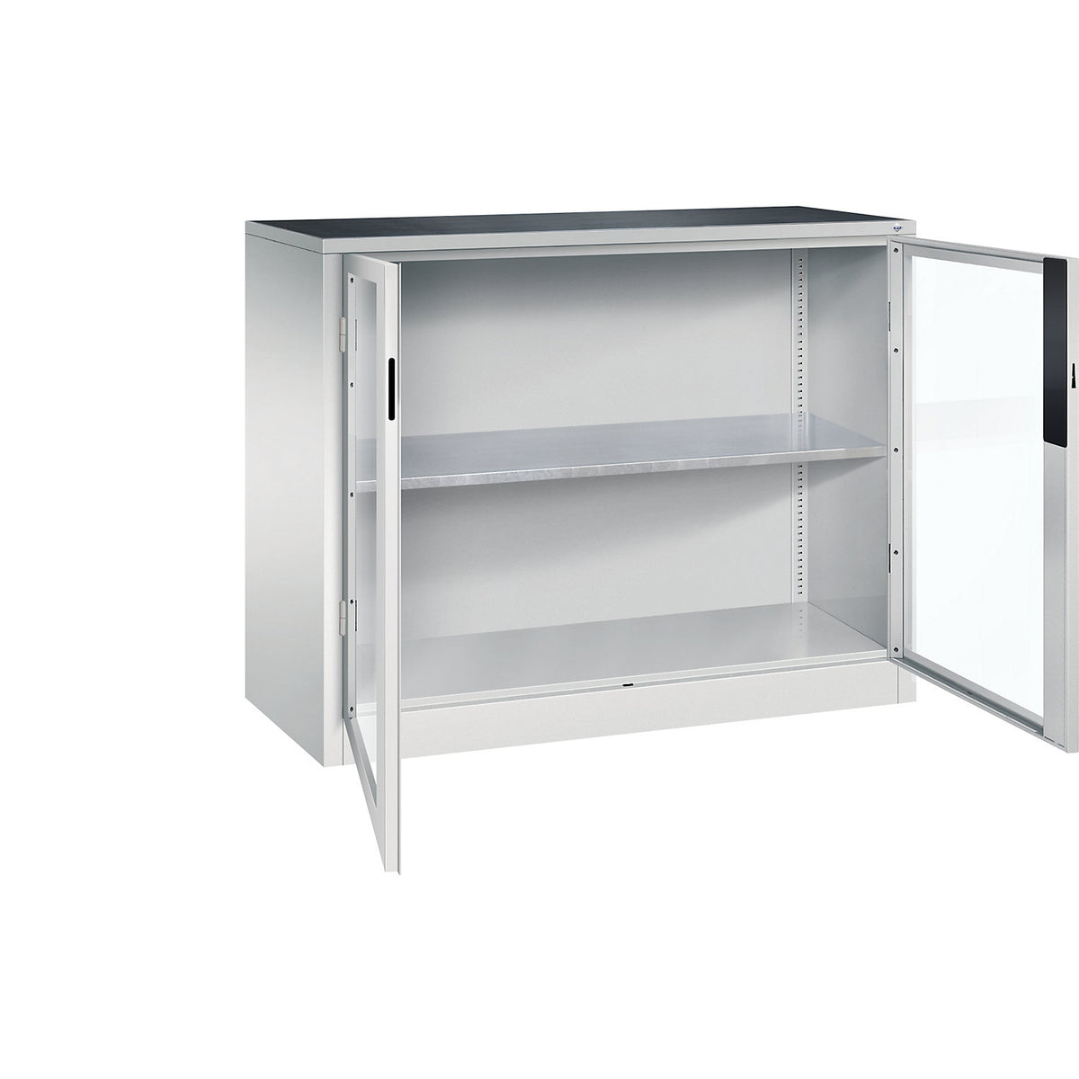 Vision panel double door cupboard, HxWxD 1000 x 1200 x 500 mm, 1 shelf, light grey / light grey.