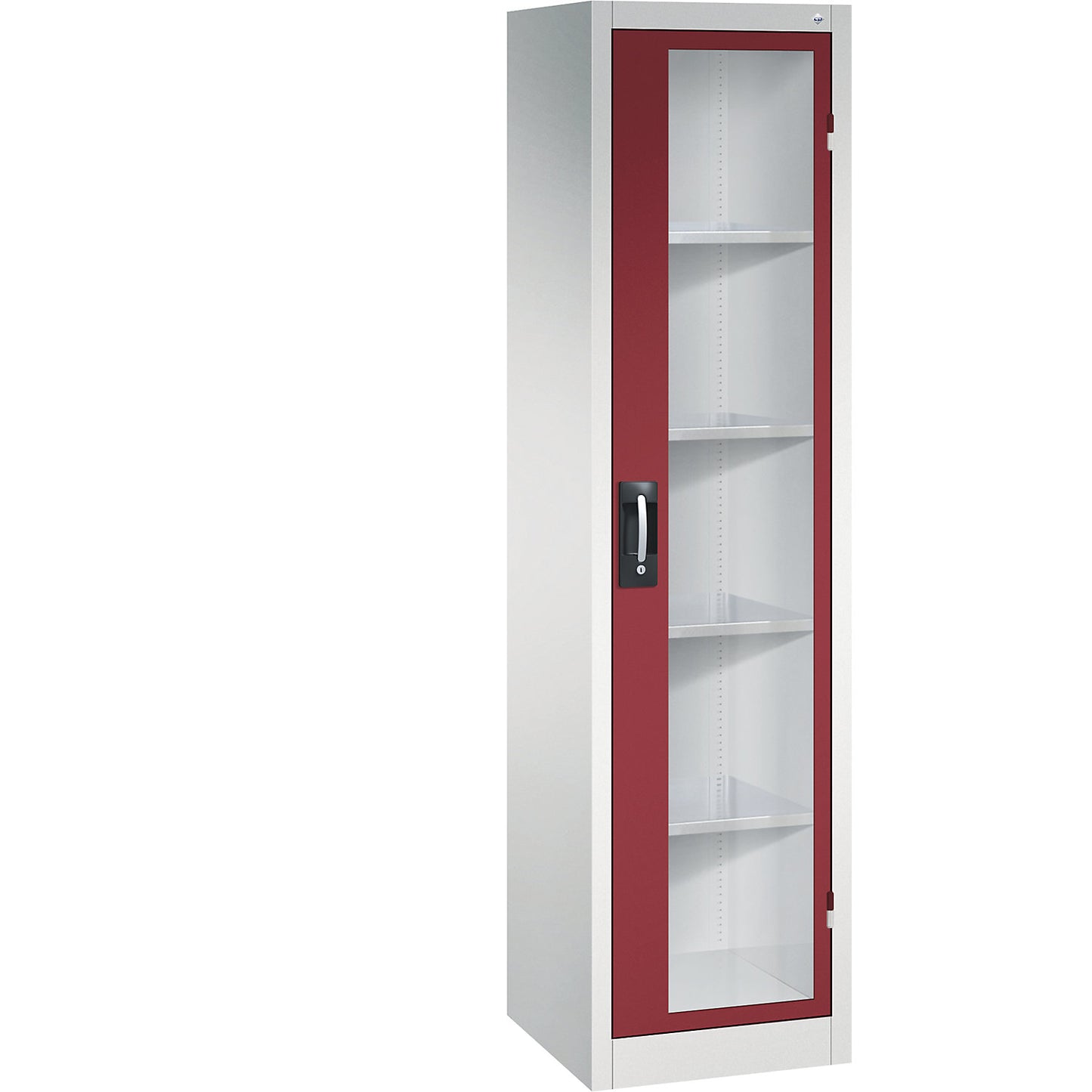 Vision panel double door cupboard, HxWxD 1950 x 502 x 500 mm, 4 shelves, light grey / ruby red.